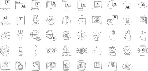 Artificial intelligence hand drawn icons set, including icons such as Ai, Brain, Robot, Technology, Network, and more. pencil sketch vector icon collection