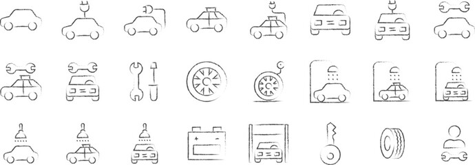 Car service hand drawn icons set, including icons such as Car Charging, car wash, Garage, Mechanic, and more. pencil sketch vector icon collection