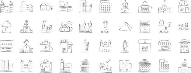Name hand drawn icons set, including icons such as budding, architect, city, Bank, Office,Factoury, and more. pencil sketch vector icon collection