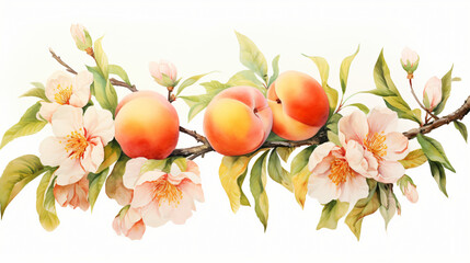 A watercolor painting of peaches and flowers - obrazy, fototapety, plakaty