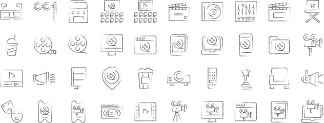 Movie hand drawn icons set, including icons such as cinema, Clapperboard, Controls, Director chair, and more. pencil sketch vector icon collection