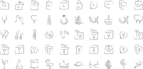 Party hand drawn icons set, including icons such as Celebration, Event, Balloon, Birthday, Candle, Crown, Disco and more. pencil sketch vector icon collection