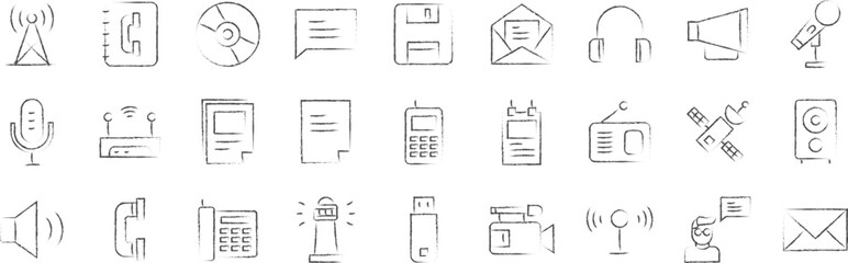 Telecommunications equipment hand drawn icons set, including icons such as Antenna, Email, Headphones, Mail, Modem, Radio, and more. pencil sketch vector icon collection