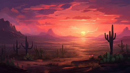 Foto op Canvas A rocky desert landscape with a stunning sunset sky and cacti silhouetted © SAJAWAL JUTT