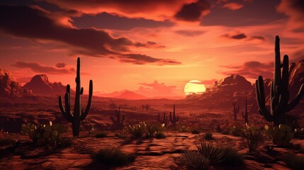 A rocky desert landscape with a stunning sunset sky and cacti silhouetted