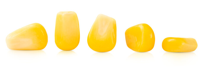 Set of boiled corn kernels with shadow and reflection isolated on transparent background.