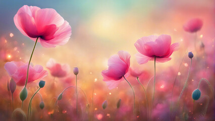 Pink poppy flowers in the field.	 - obrazy, fototapety, plakaty