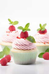 Cupcakes with fresh raspberries and mint on a white background. 