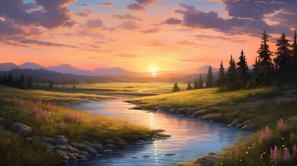 A serene meadow with a river winding through it at sunset, reflecting the sky - Powered by Adobe