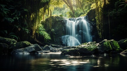 A serene waterfall in a lush rainforest with the sun casting dappled light