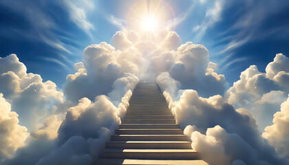 Stairway to Heaven. A long empty staircase among beautiful cumulus clouds against a blue sky with sunbeams. - obrazy, fototapety, plakaty