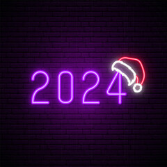 2024 new year with santa hat. Neon Purple New Year sign. Greeting banner for your design.