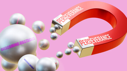 Perseverance which brings Overcoming obstacles. A magnet metaphor in which Perseverance attracts multiple Overcoming obstacles steel balls.,3d illustration