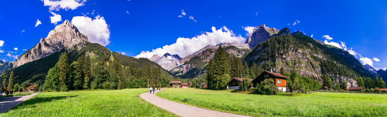 Fototapeta na wymiar Switzerland scenic places. picturesque Kanderseg village and ski resort surrouded by impressive Alps mountains. Canton of Bern