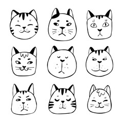 Fototapeta premium Collection of hand-drawn vector outline cat faces with different emotions and forms. Cartoon funny pet heads set for coloring book, veterinary logo, kids textile, packaging paper, or print. 