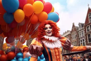 Fotobehang A woman with an orange wig, a costum and balloons on a European street carnival parade party, Dutch Belgium, French or German © Melany