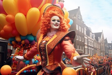 A woman with an orange wig, a costum and balloons on a European street carnival parade party, Dutch Belgium, French or German