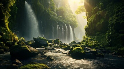 A serene waterfall in a moss-covered gorge with the sun casting a soft glow - Powered by Adobe