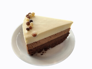 Chocolate soufflé cake on white plate