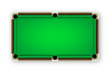 Green billiards table, top view. Snooker or pool sports equipment, recreation and hobby, competitive game. Vector illustration