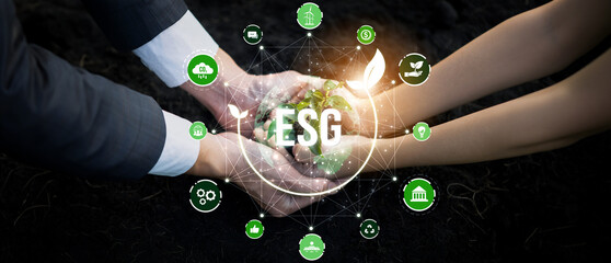 Businessman and little kid growing or nurturing plant together with eco friendly and ESG icon....
