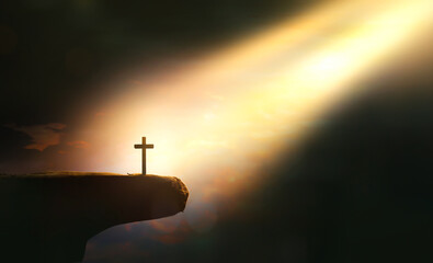 cross of jesus christ on sorrow darkness and bright light and rays background - obrazy, fototapety, plakaty