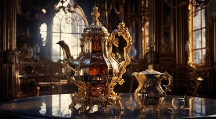an antique coffee pot sits on a gold table at a hotel table, in the style of baroque energy, dark gold and light bronze, abbott fuller graves, grandiose environments,  sparkling water reflections - obrazy, fototapety, plakaty