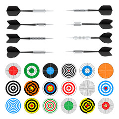 Paper targets with dart arrows. Shooting range round target, divisions, marks and numbers. Gun shooting practise and training, sport competition, hunting. Bullseye and aim. Vector illustration