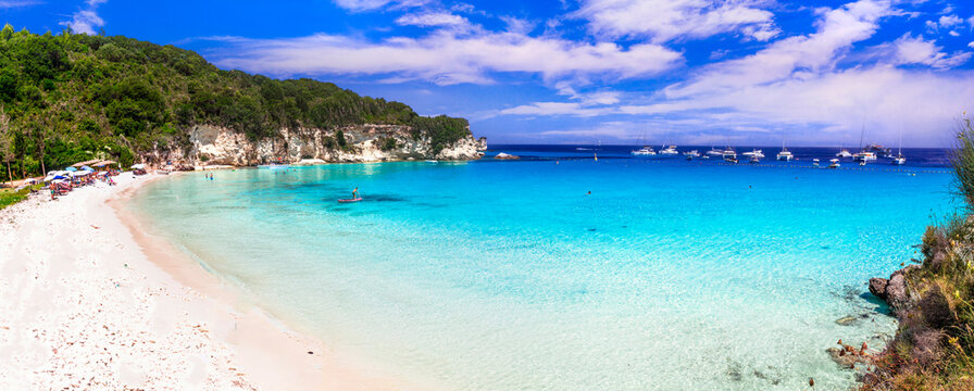 Greece. Antipaxos island - small beautiful ionian island with gorgeous white beaches and tyrquoise sea. View of  stunning Voutoumi beach