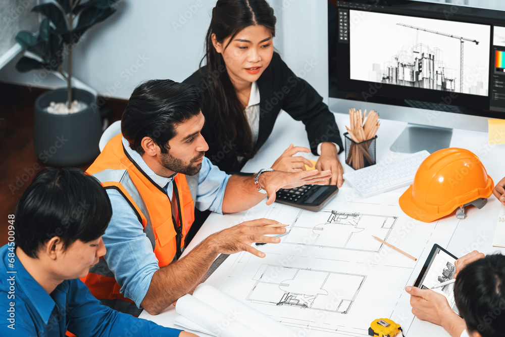 Poster diverse group of civil engineer and client working together on architectural project, reviewing cons