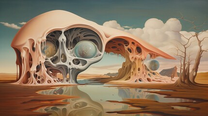 A surreal oil painting featuring distorted perspectives and dreamlike imagery, challenging the viewer's perception.