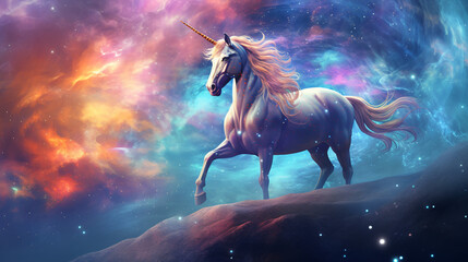 Unicorn on space background created