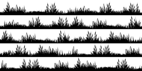 Meadow silhouettes with grass, plants on plain. Panoramic summer lawn landscape with herbs, various weeds. Herbal border, frame element. Black horizontal banners. Vector illustration - obrazy, fototapety, plakaty