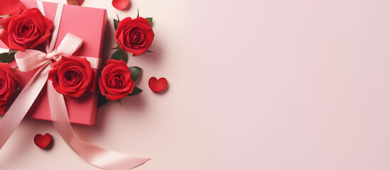 Fototapeta na wymiar Valentine's Day concept. Gift box with ribbon and red roses on pink background with empty copy space