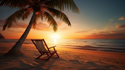 A tranquil beach with a lone palm tree and the sun dipping below the horizon, with a beach chair