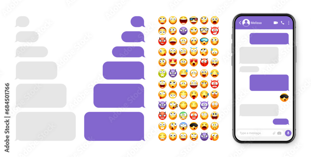 Wall mural smartphone messaging app, user interface design with emoji. sms text frame. chat screen with violet 