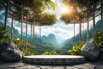 Rock podium in tropical forest for product presentation Behind is a view of the sky.