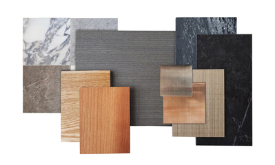 interior material samples board including brown laminated, oak engineer flooring, veneer, black syone quartz, stainless, marble ceramic stone tiles isolated on background with clipping path.
