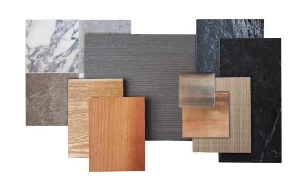 interior material samples board including brown laminated, oak engineer flooring, veneer, black syone quartz, stainless, marble ceramic stone tiles isolated on background with clipping path.