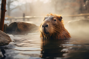 Cute Capybara animal bathing in hot spring