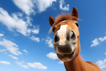 Fototapeta premium Funny close up of horse head in front of blue sky.