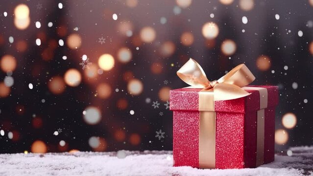 Dynamic video of red Christmas gifts on golden background with snowflakes