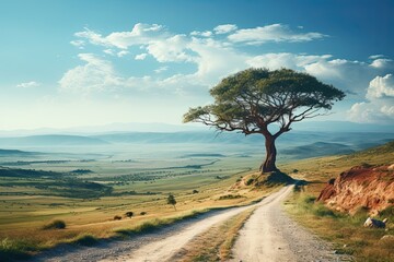 Landscape of Tanzania. A big beautiful tree on a hill. Generative AI Art. Beautiful view.