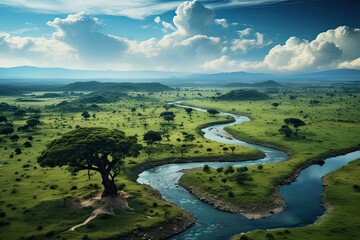 Fototapeta na wymiar Tanzania landscape. A river flowing in a mountain valley. Aerial drone view. Generative AI Art. Beautiful view.