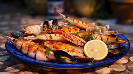 mixed seafood contain blue crabs mussels big shrimps. - obrazy, fototapety, plakaty