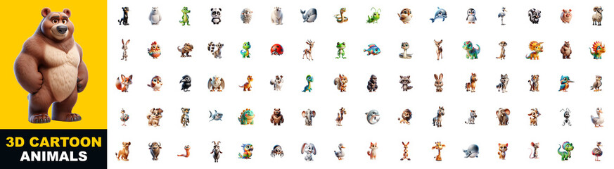 A set of 3D cartoon animals. Mammals, birds, fish and insects