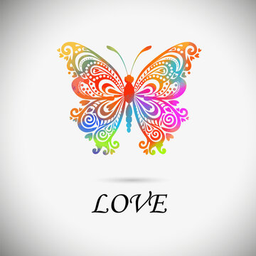 Beautiful colored abstract butterflies. hand drawing. Not AI, Rainbow butterfly with hearts . sstkLOVE. Happy Valentine's Day. Vector illustration