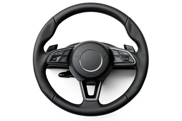 a car steering wheel with black leather isolated on white background