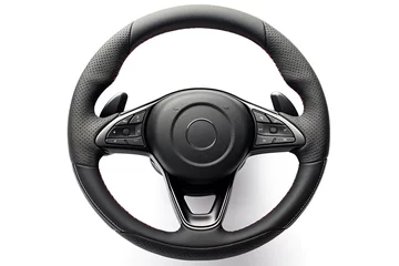 Fotobehang a car steering wheel with black leather isolated on white background © Rangga Bimantara