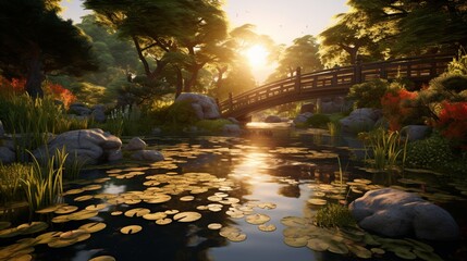 A tranquil pond in a lush garden with koi fish swimming as the sun sets, with a stone bridge